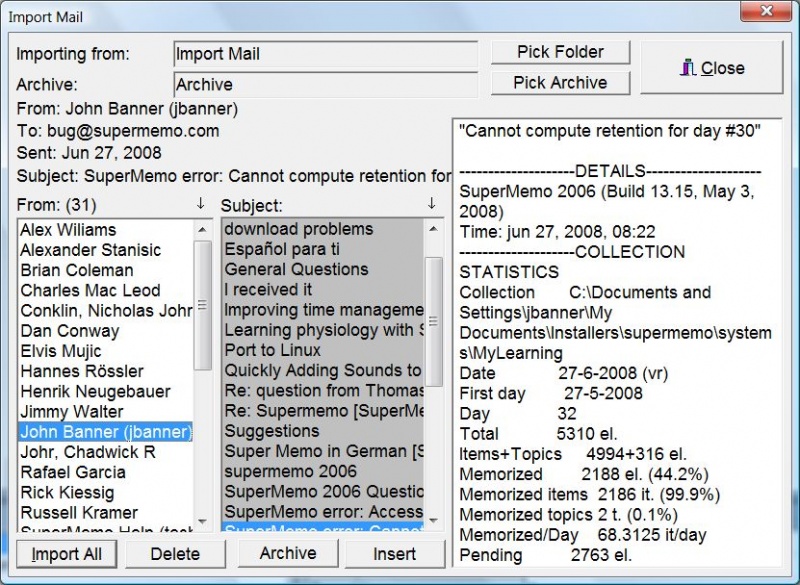 从 MS Outlook 导入邮件到 SuperMemo 的 Import Mail 对话框